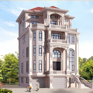 福建尚工乡墅定制的豪华五层欧式农村自建房效果图，带地下车库与罗马柱浮雕设计