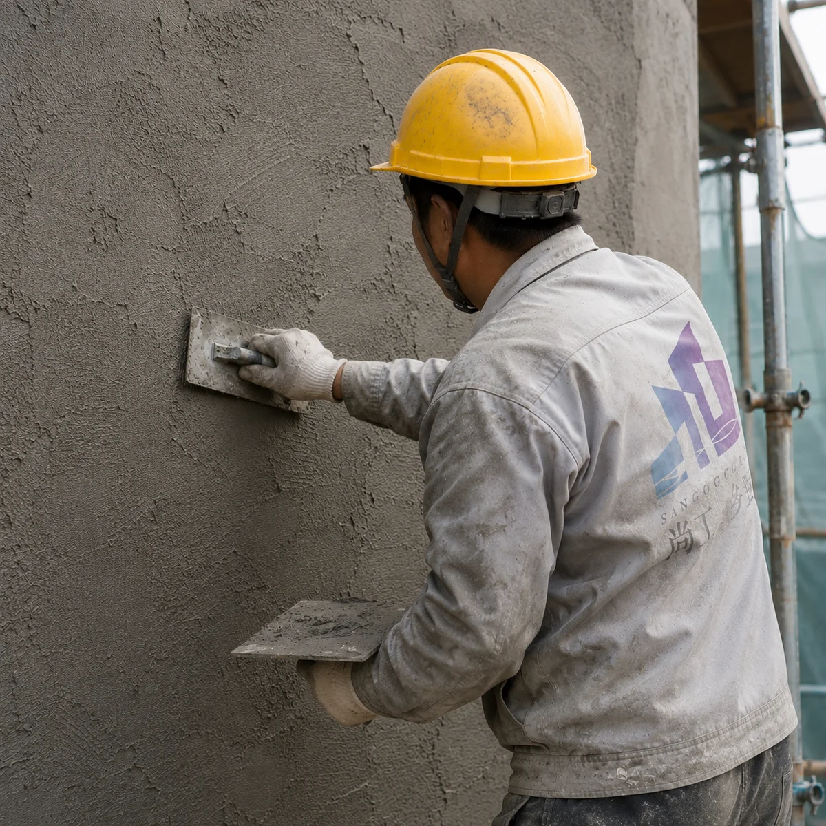 福建自建房外墙施工，尚工乡墅直营班组工人进行第一道水泥拉毛工艺特写