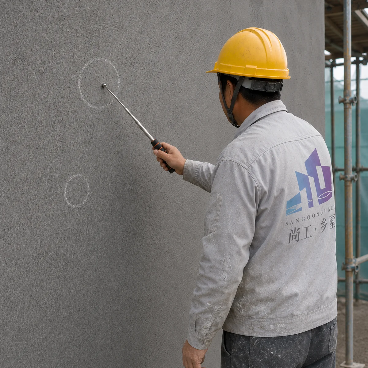 福建自建别墅外墙质量检测，尚工乡墅直营班组质检员使用空鼓锤敲击墙面并画圈标记