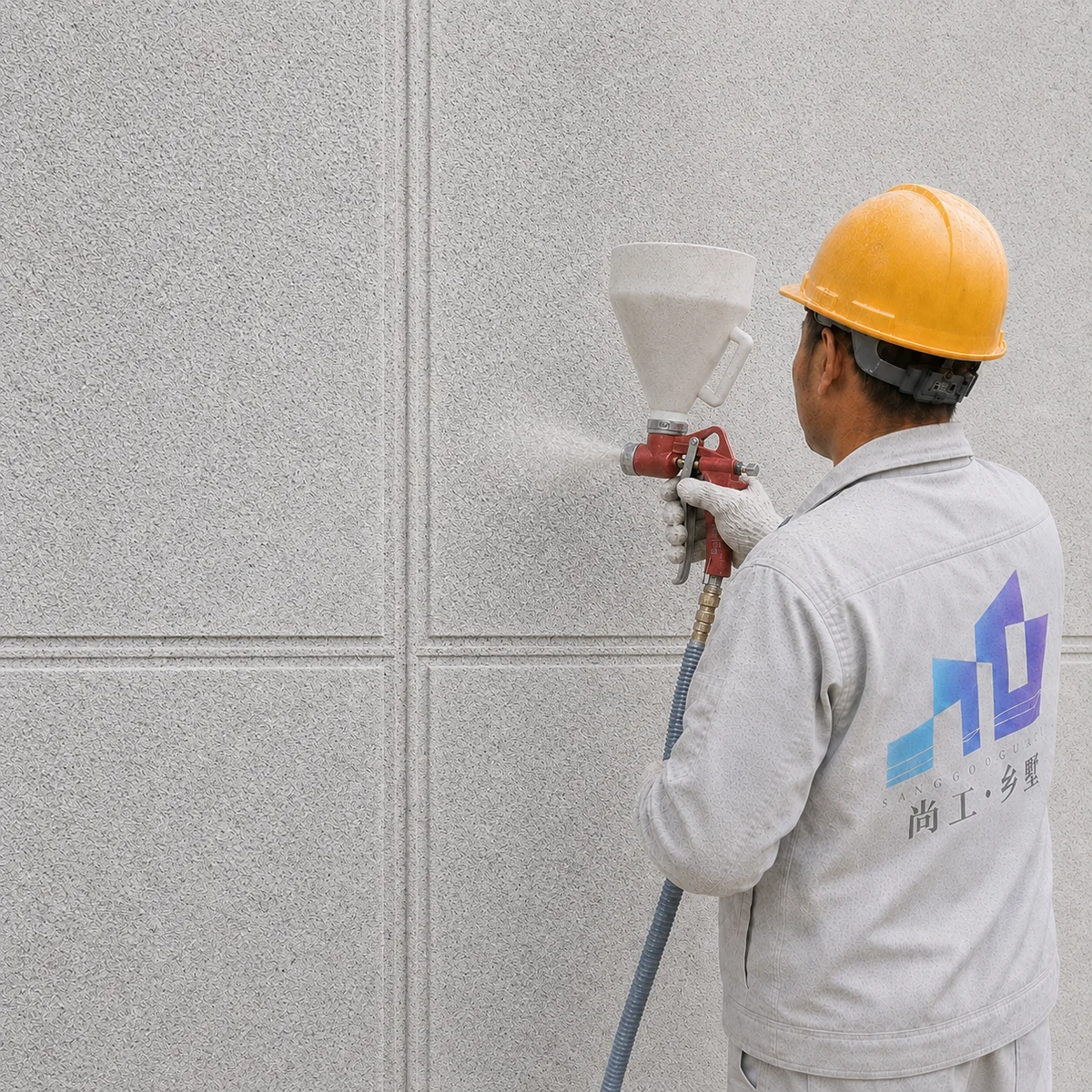 福建仿石漆别墅外墙喷塑，尚工乡墅直营班组工匠使用专业喷枪在分格墙面上喷塑P3型骨料
