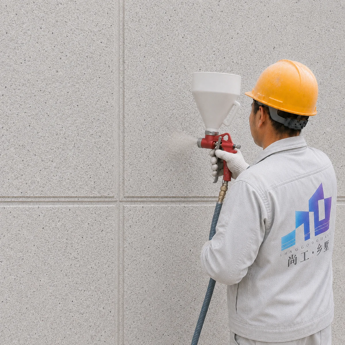福建农村别墅自建房设计，尚工乡墅直营班组工匠使用专用喷枪喷涂第一遍冠彩天彩石砂主材