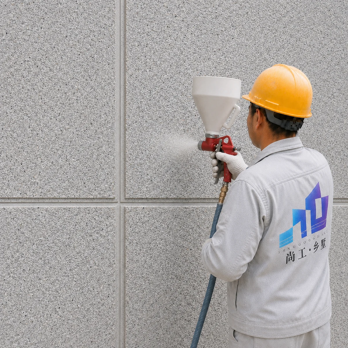 福建仿石漆自建别墅施工，尚工乡墅直营班组工匠操作真石漆喷枪进行第二遍冠彩天彩石砂主材喷涂