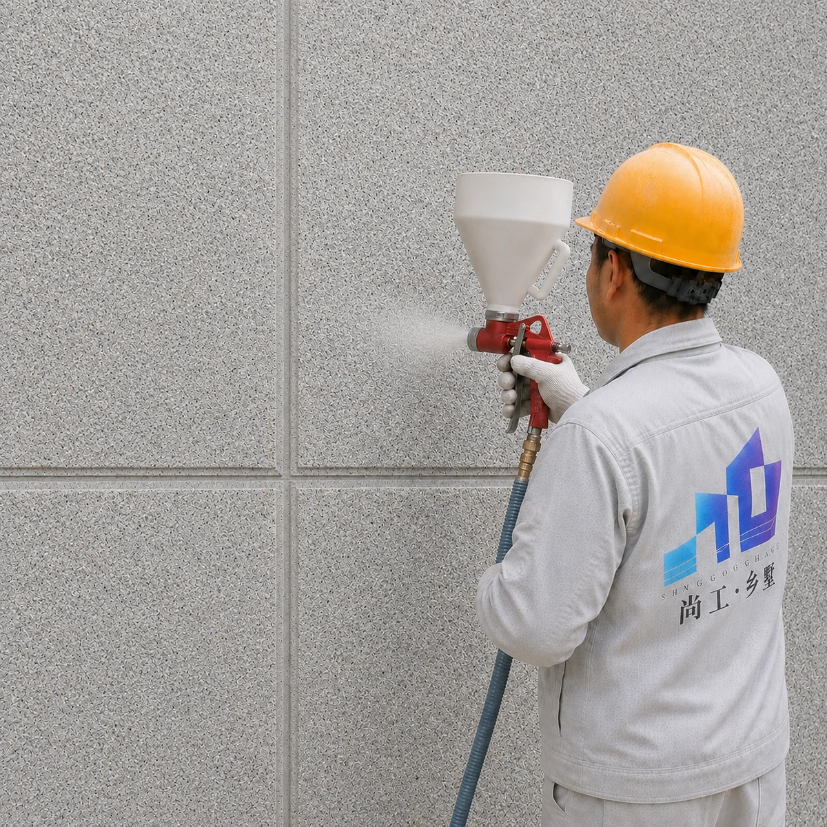 福建仿石漆自建别墅外墙上色，尚工乡墅直营班组工匠进行第三遍冠彩天彩石砂主材全面封顶喷涂