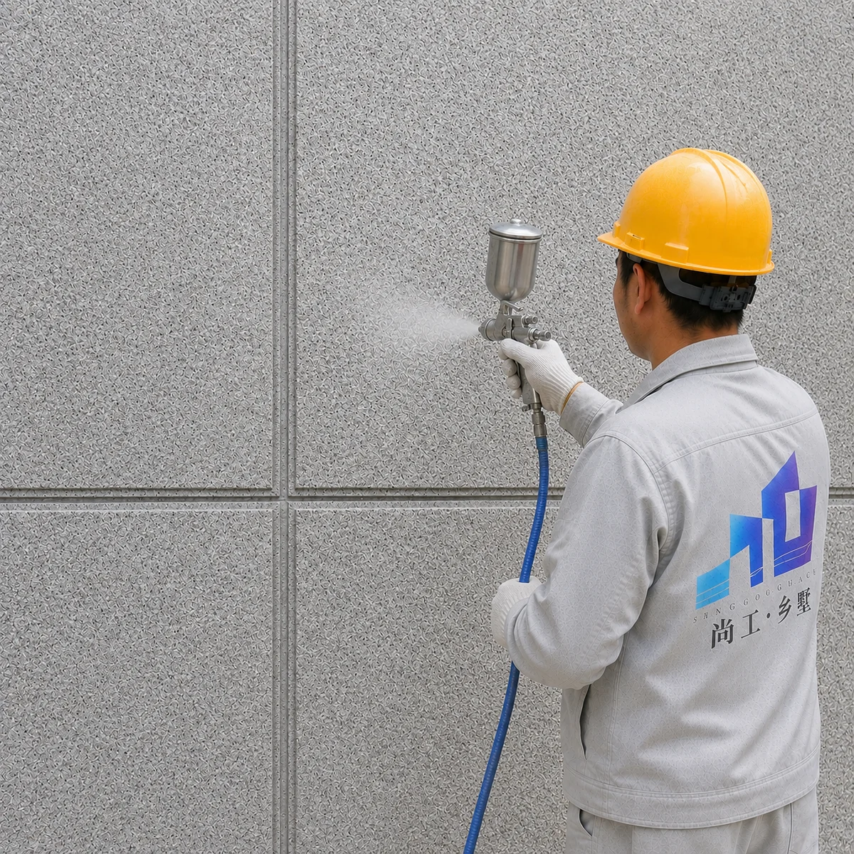 福建仿石漆外墙防水耐候，尚工乡墅直营班组工匠使用高雾化喷枪进行第一遍硅树脂面油罩光施工