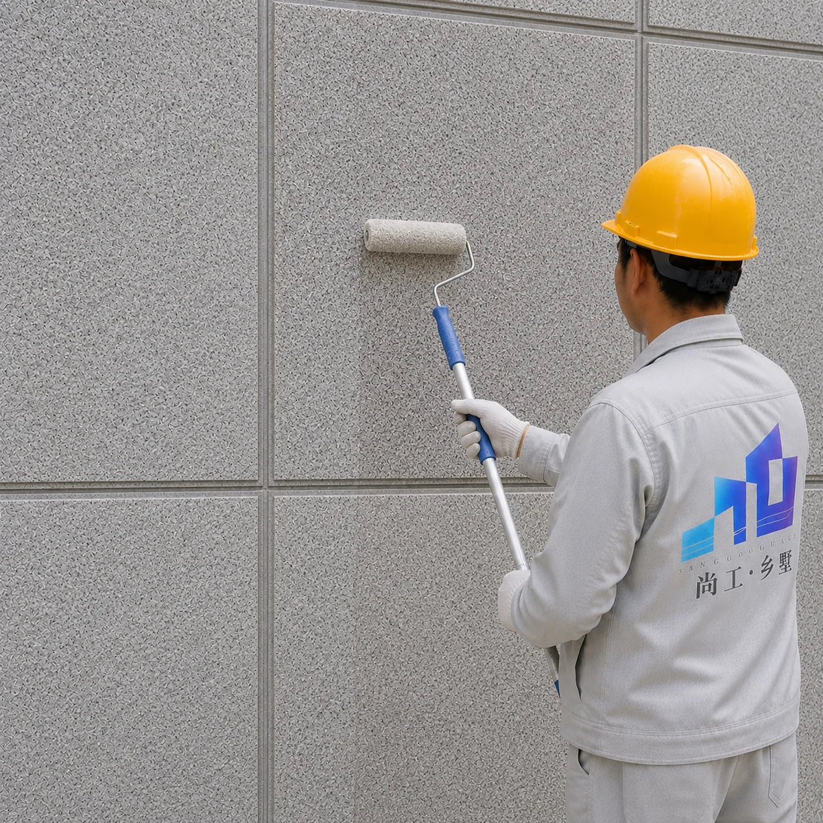 福建仿石漆自建别墅高定外墙，尚工乡墅直营班组工匠手持长杆滚筒实施第二遍硅树脂面油终极封釉