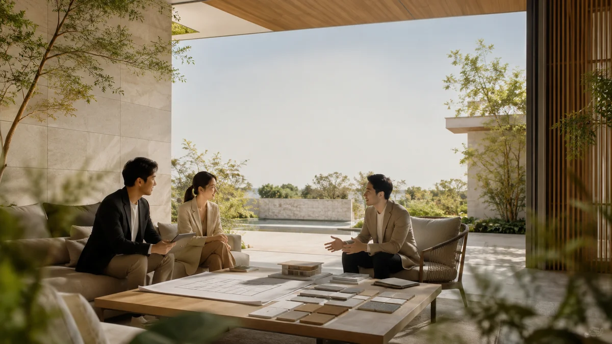 福建尚工乡墅客户经理在样板房为业主夫妇进行乡村别墅全案定制与图纸沙盘讲解