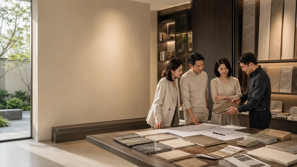 福建尚工乡墅设计师在展厅为客户讲解自建房别墅室内全案设计与新型建材选配